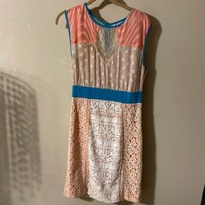 Cream, peach, blue/teal dress